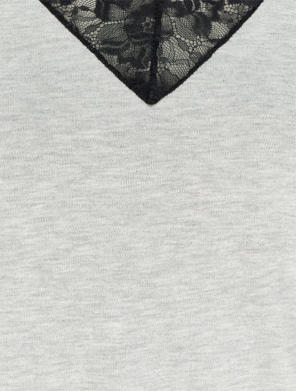 Top à col V large en dentelle - Gris chiné - 3