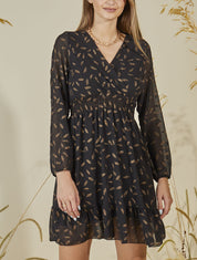Robe imprimée plumes irisées et col cache-coeur - Noir - 1