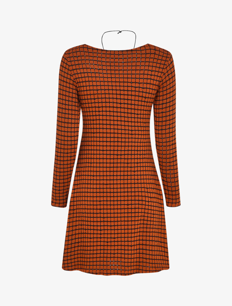 Robe pull évasée à carreaux et manches longues - Rouille - 2