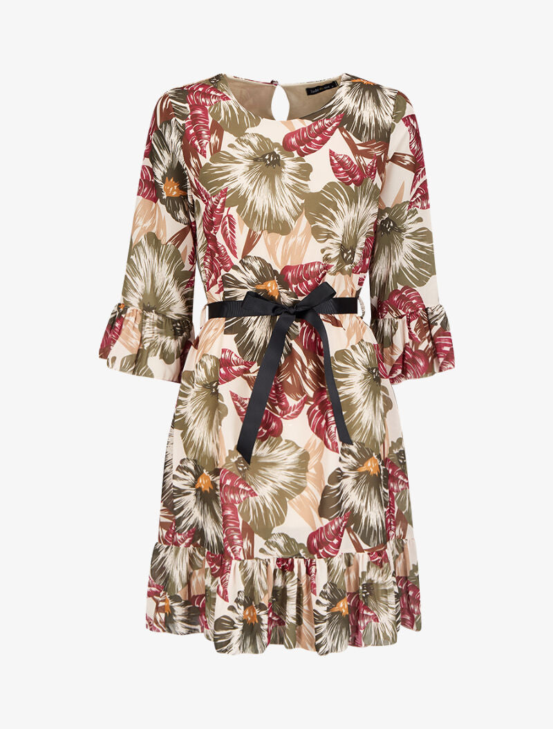 Robe imprimé fleurs tropicales à manches et bords volantés - Vert - 1