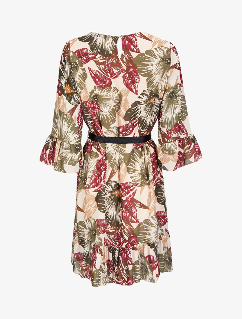 Robe imprimé fleurs tropicales à manches et bords volantés - Vert - 2