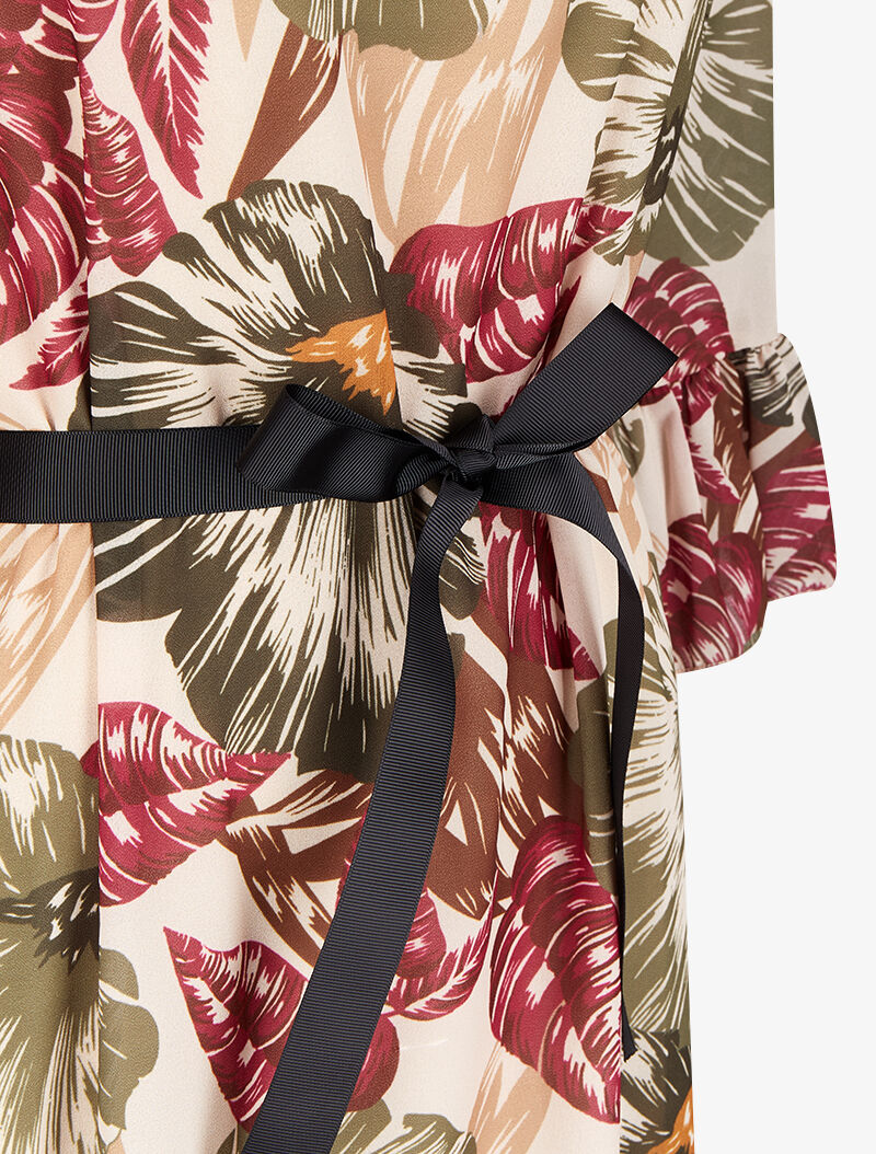Robe imprimé fleurs tropicales à manches et bords volantés - Vert - 3