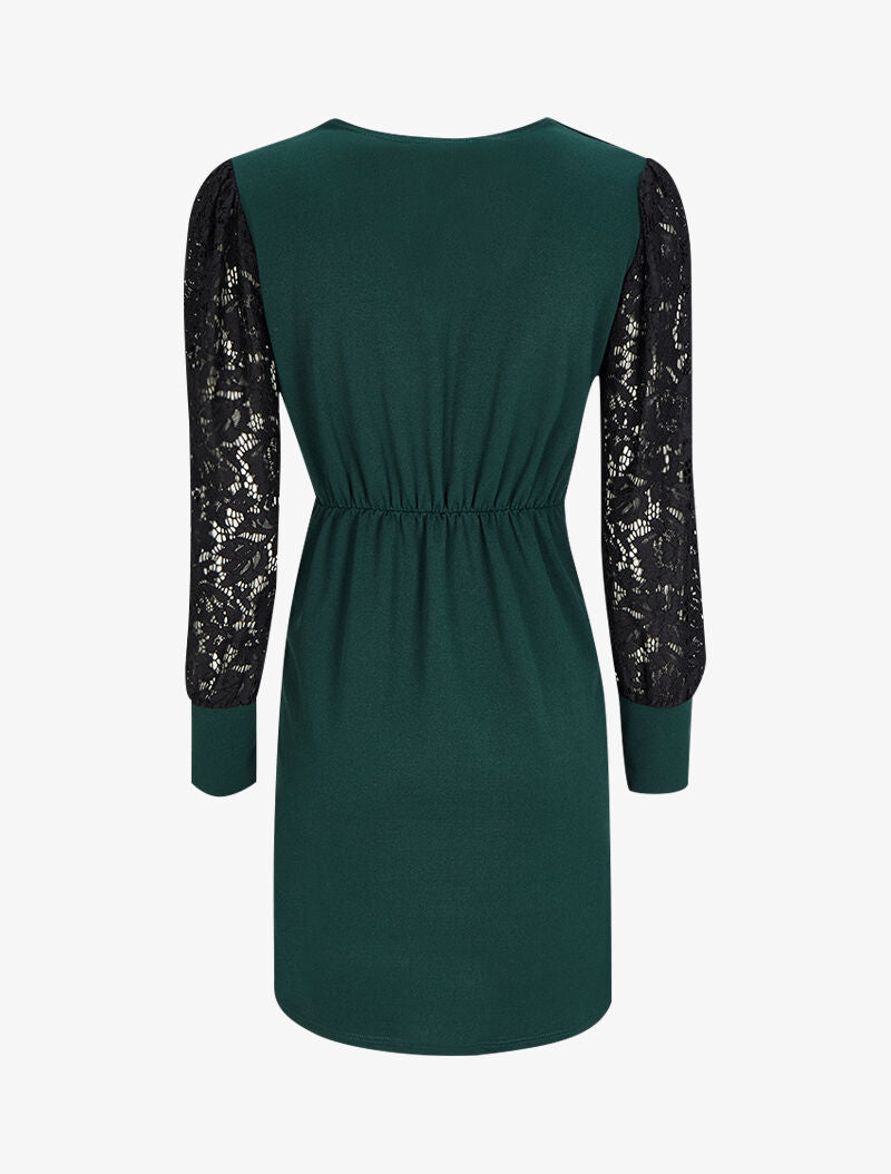 Robe patineuse à manches en dentelle - Vert - 2