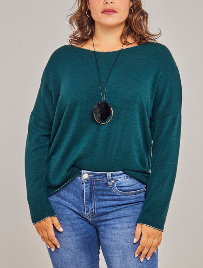 Pull oversize à liserés irisés avec sautoir - Bleu canard - 3