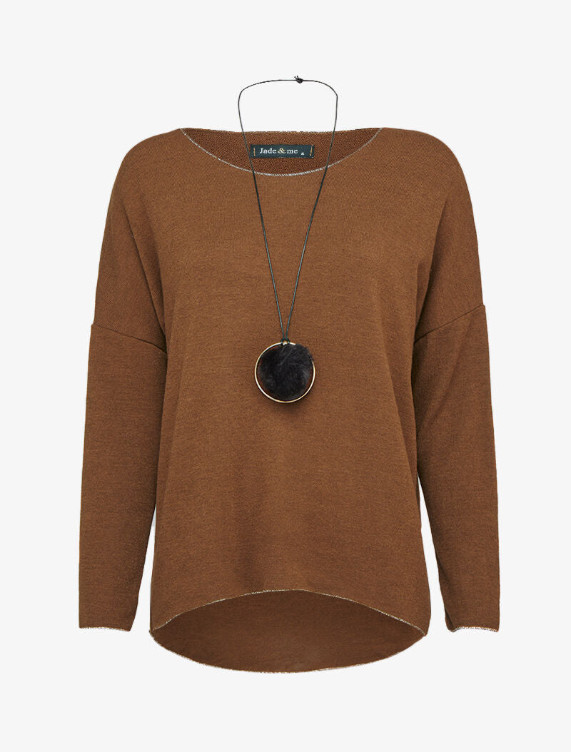 Pull oversize à liserés irisés avec sautoir - Marron - 3