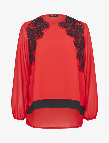 Top en voile oversize à empiècement dentelle - Rouge - 1