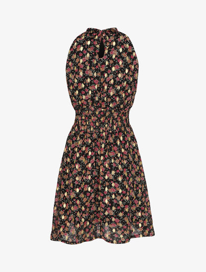 Robe mi-longue col lavallière à imprimé fleuri - Noir - 2