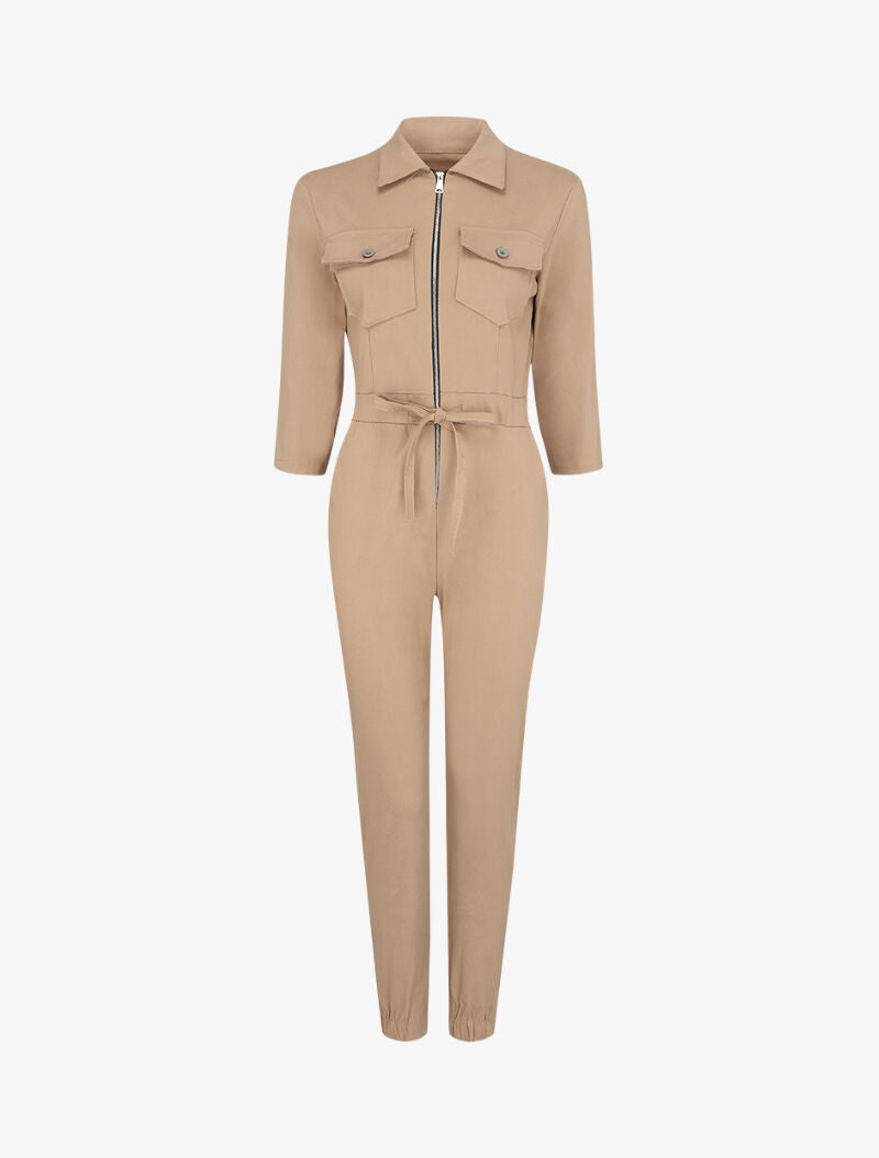 Combinaison slim à zip et poches à rabats - Beige - 1
