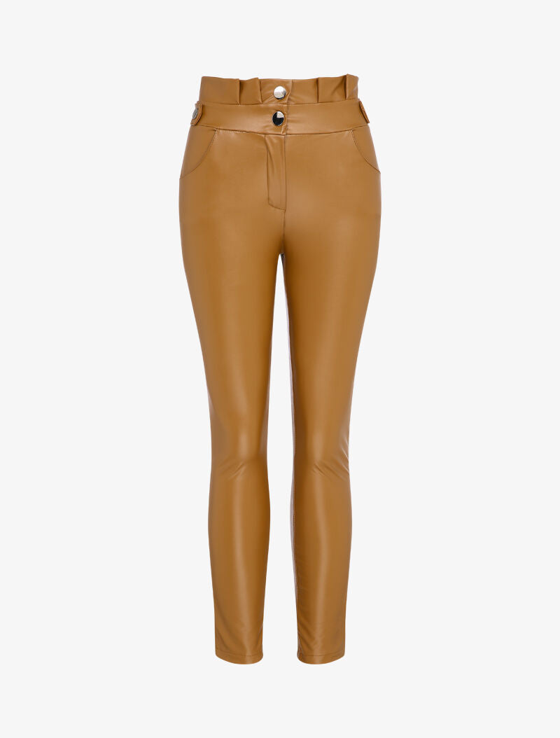 Pantalon en simili à taille froncée - Camel - 5