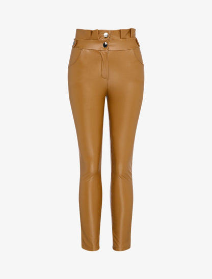 Pantalon en simili à taille froncée - Camel - 5