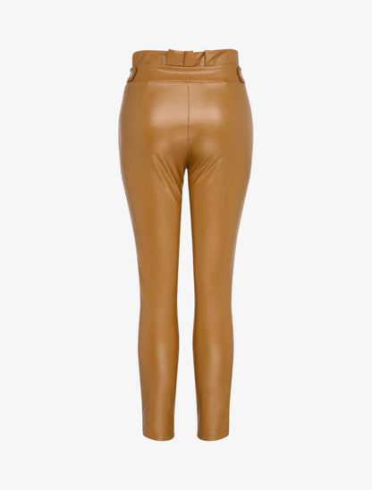 Pantalon en simili à taille froncée - Camel - 2