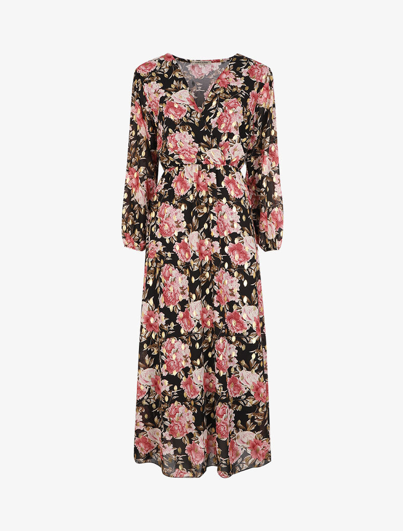 Robe longue à imprimé roses - Noir - 1