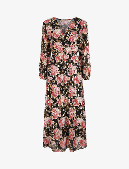 Robe longue à imprimé roses - Noir - 1