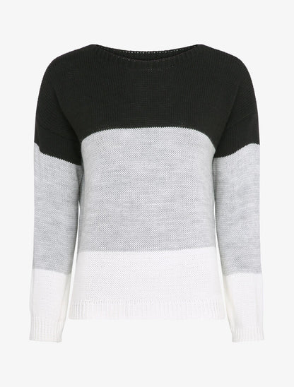 Pull tricolore basique à col bateau - Noir/gris/blanc - 1