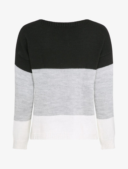 Pull tricolore basique à col bateau - Noir/gris/blanc - 2