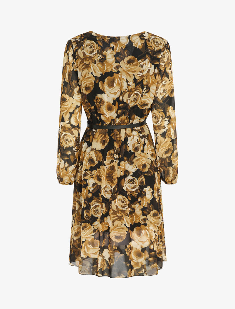 Robe patineuse mi-longue à imprimé roses - Moutarde - 2
