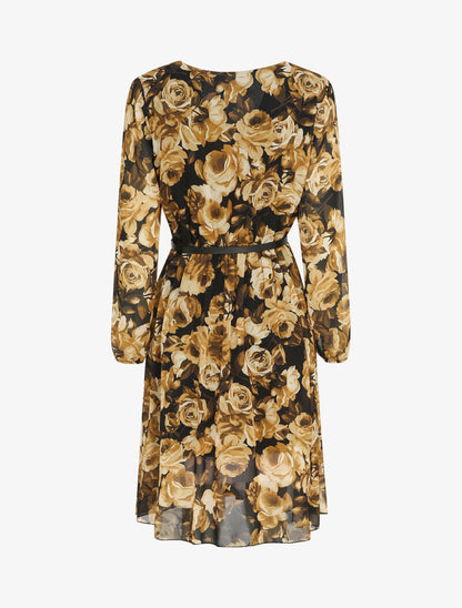 Robe patineuse mi-longue à imprimé roses - Moutarde - 2
