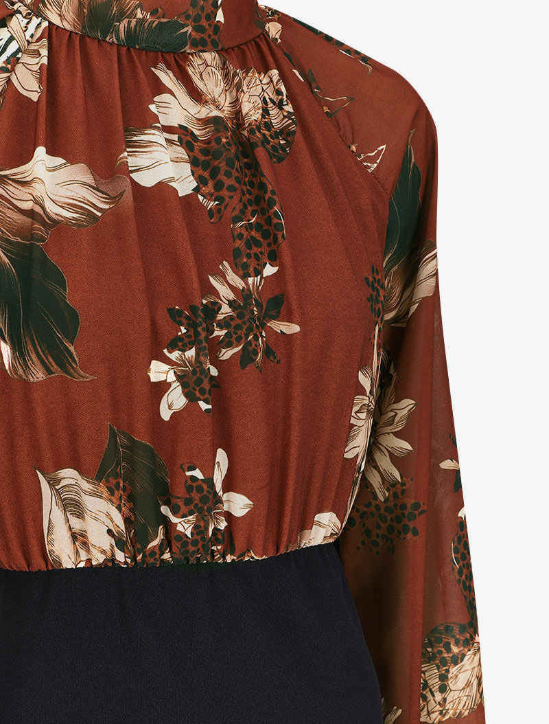 Robe fourreau à buste à imprimés et manches raglan - Marron - 3