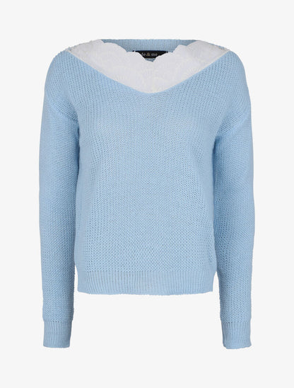 Pull en maille à empiècement dentelle - Bleu ciel - 1