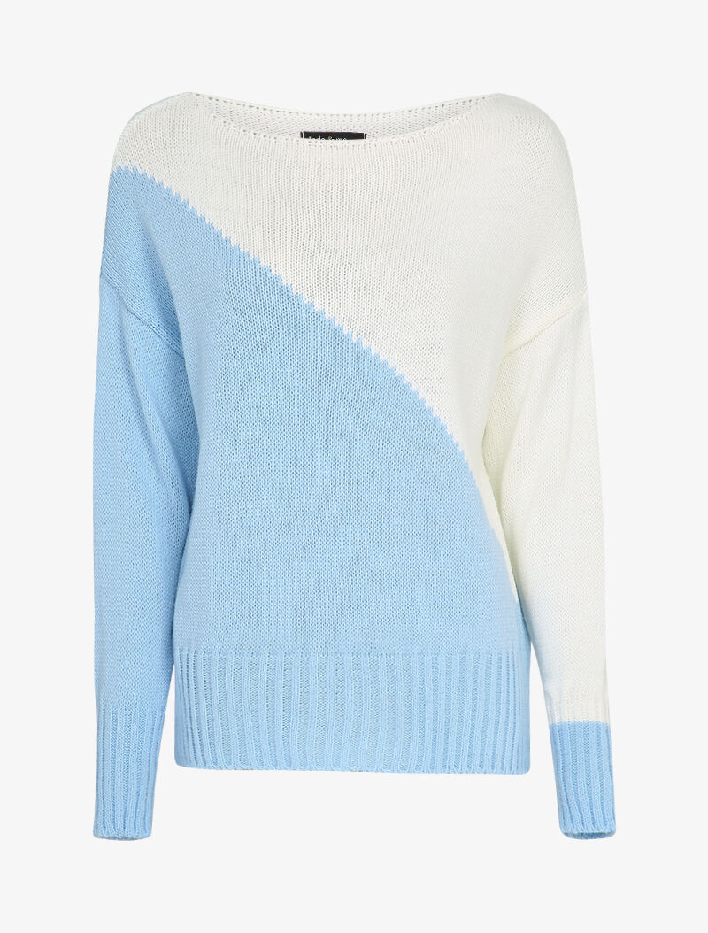 Pull en maille tricot bicolore - Bleu ciel/blanc - 4