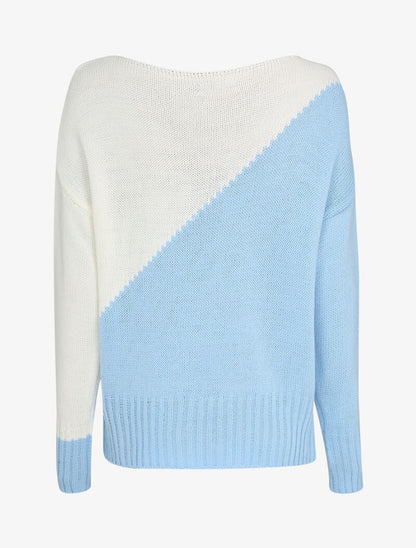 Pull en maille tricot bicolore - Bleu ciel/blanc - 2