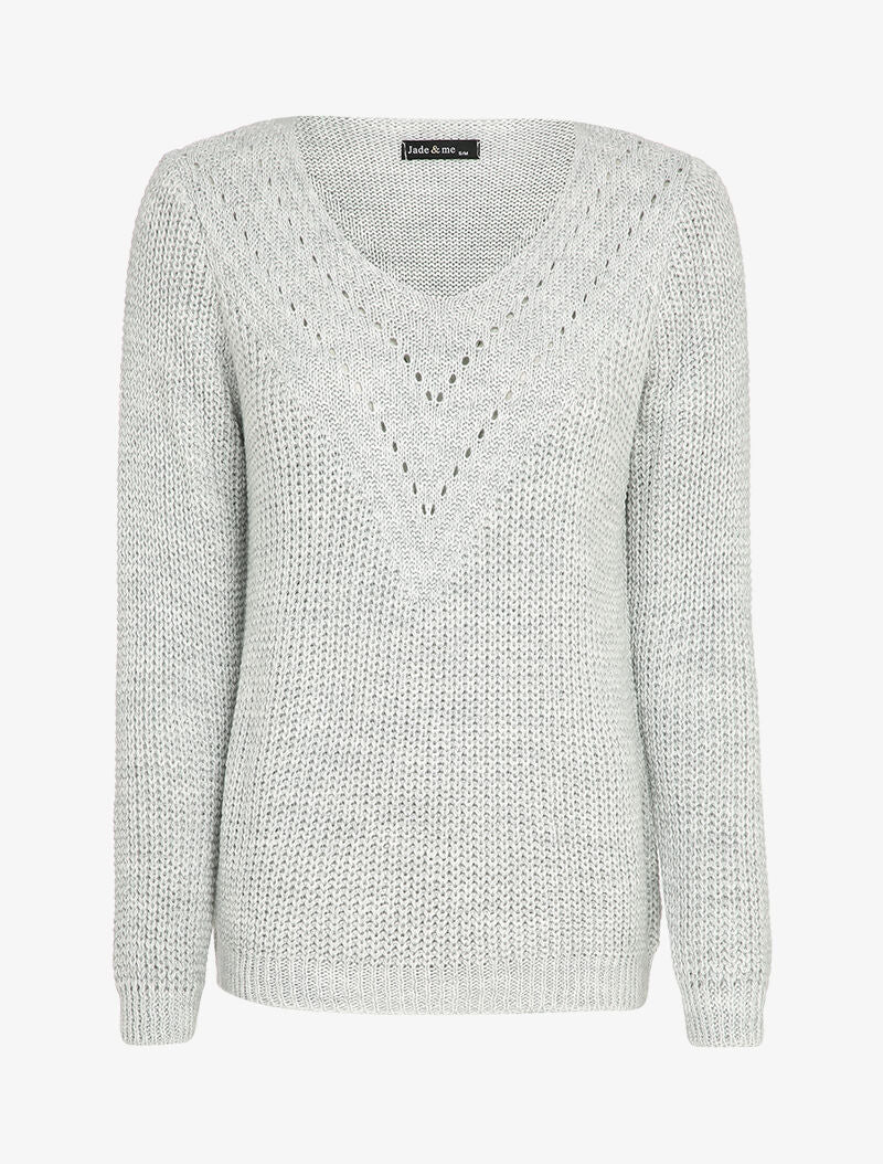 Pull uni à col V ajouré - Gris clair - 1