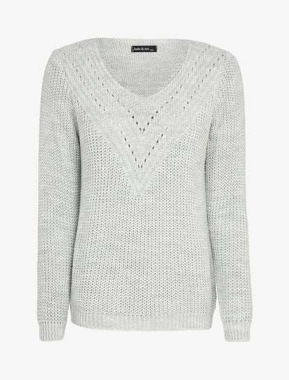 Pull uni à col V ajouré - Gris clair - 1
