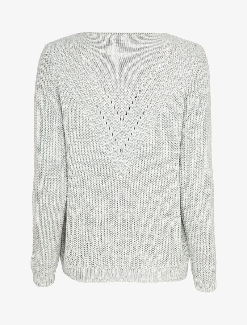 Pull uni à col V ajouré - Gris clair - 2