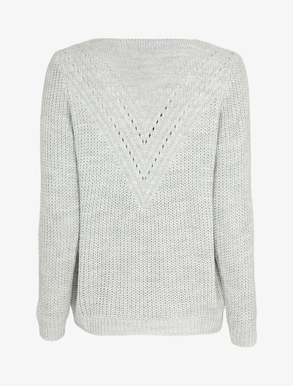 Pull uni à col V ajouré - Gris clair - 2
