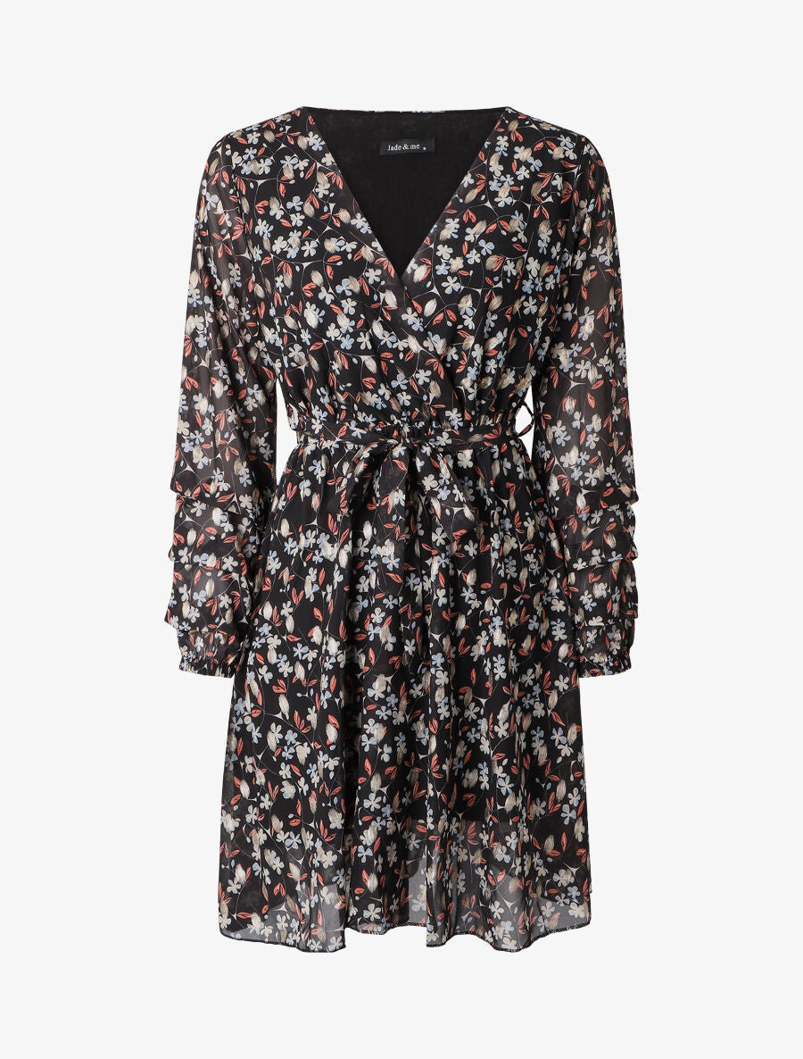 Robe patineuse imprimé fleurs de cerisier lamé à manches plissées - Noir - 1
