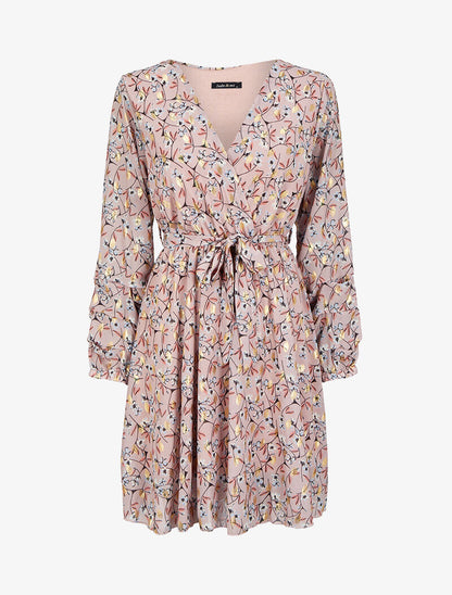 Robe patineuse imprimé fleurs de cerisier lamé à manches plissées - Rose pâle - 1
