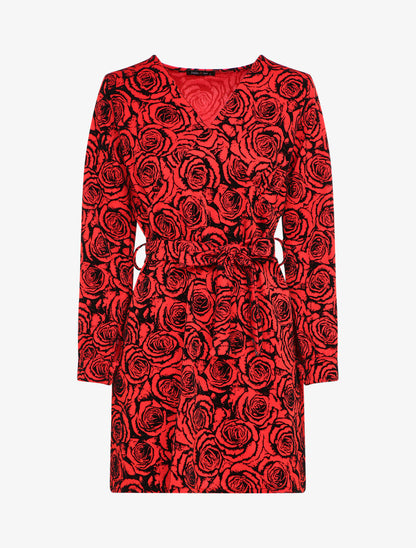 Robe droite imprimé roses en velours dévoré - Rouge - 4