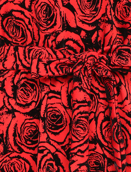 Robe droite imprimé roses en velours dévoré - Rouge - 3