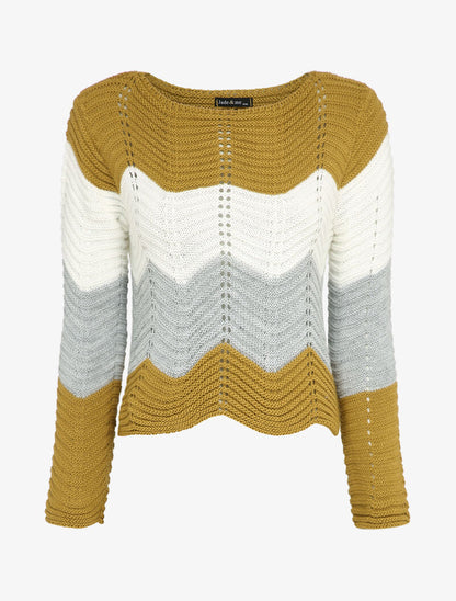 Pull court à rayures en maille style vagues - Moutarde - 1