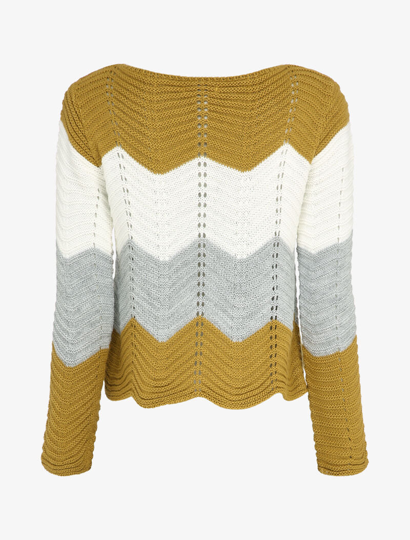 Pull court à rayures en maille style vagues - Moutarde - 2