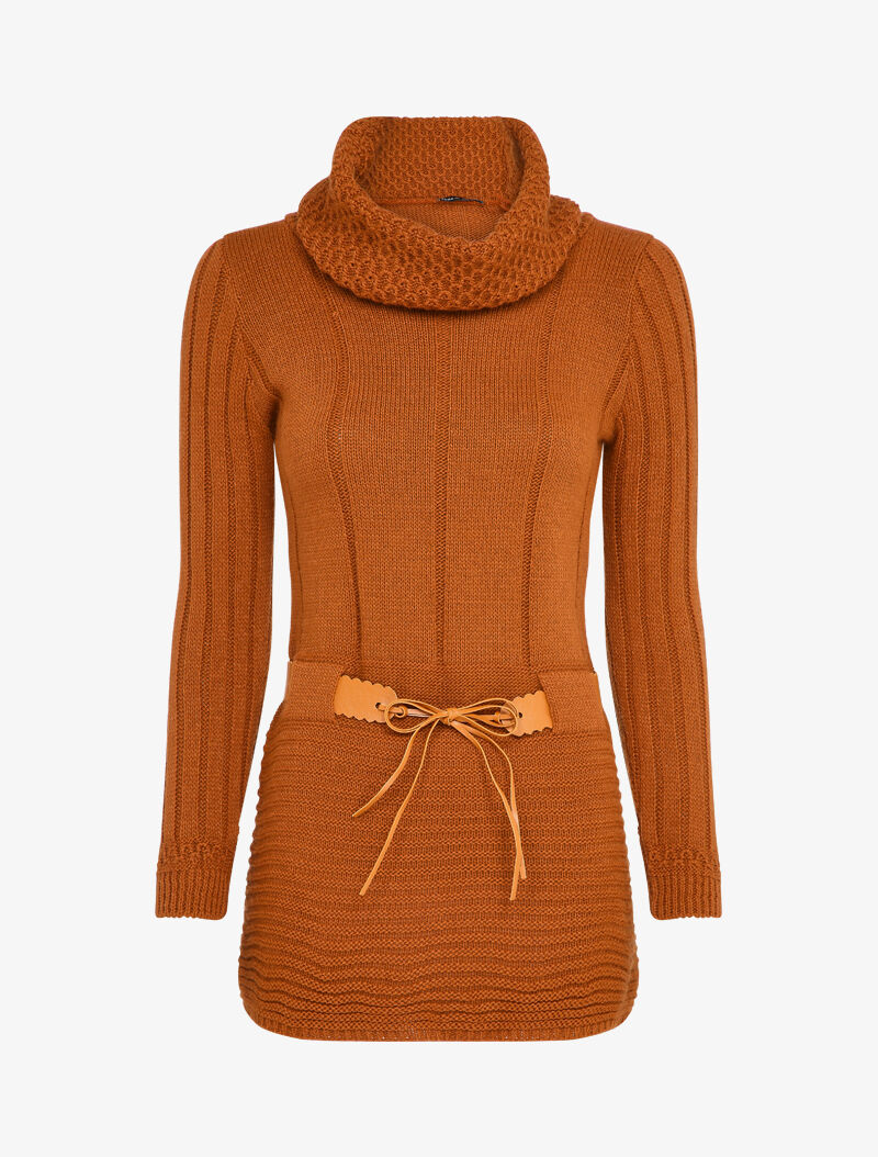 Pull à col roulé long en maille - Marron - 1