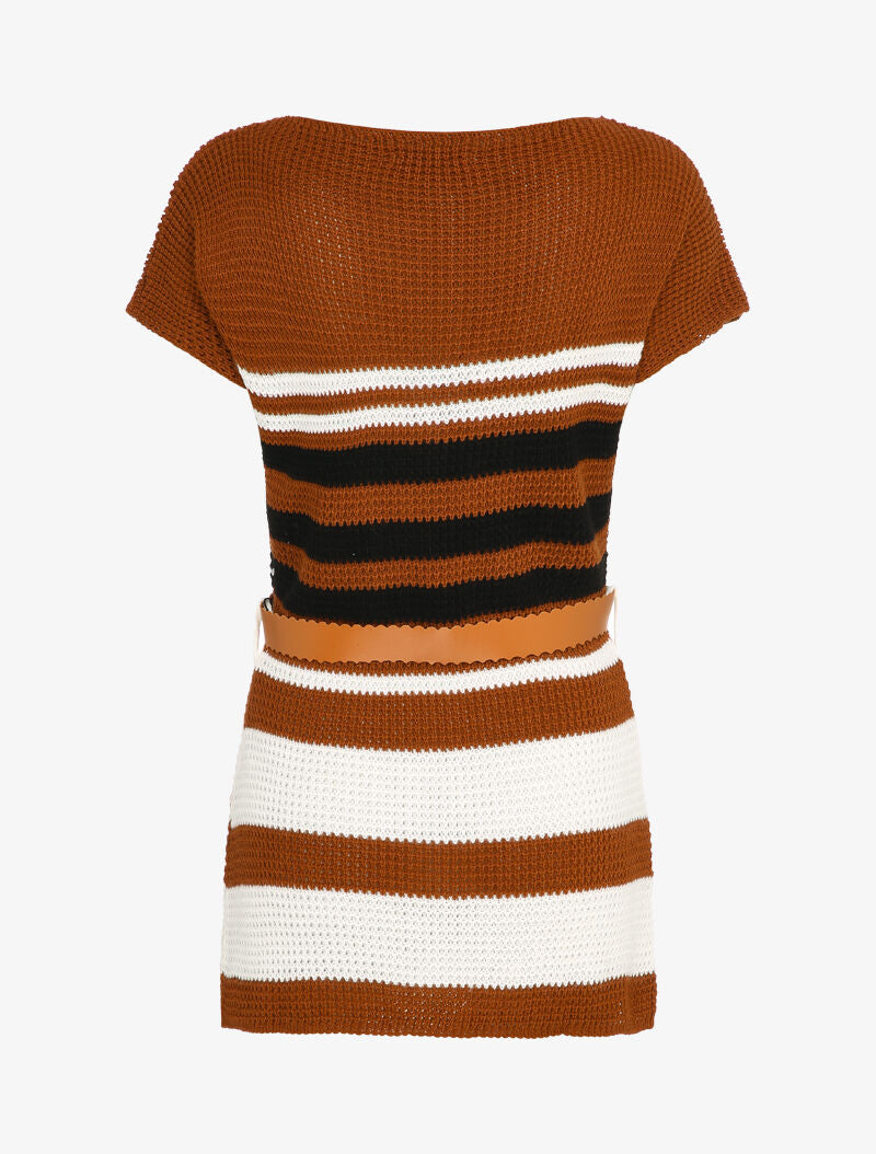 Pull long à rayures et ceinture contrastante - Camel - 2