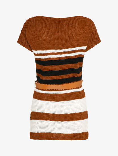 Pull long à rayures et ceinture contrastante - Camel - 2