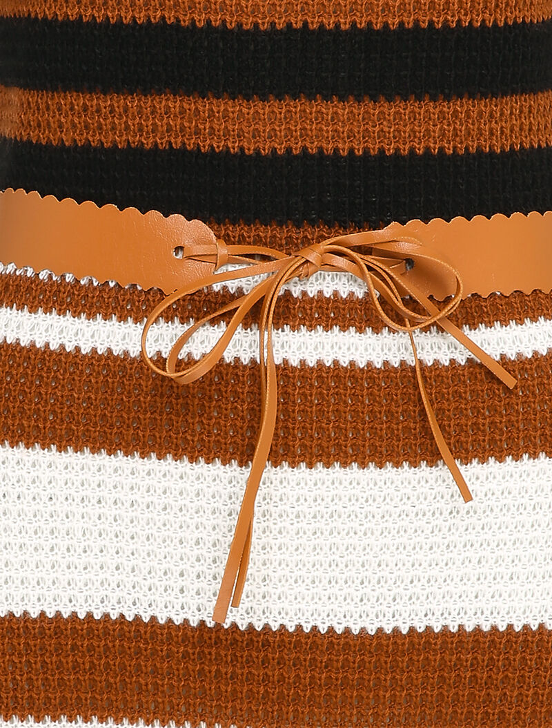 Pull long à rayures et ceinture contrastante - Camel - 3
