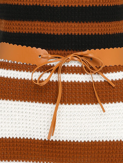 Pull long à rayures et ceinture contrastante - Camel - 3