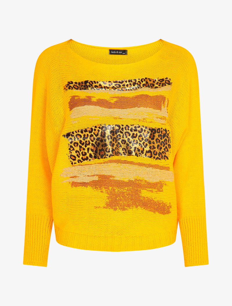 Pull à col bateau et motifs léopard lamés - Jaune - 4