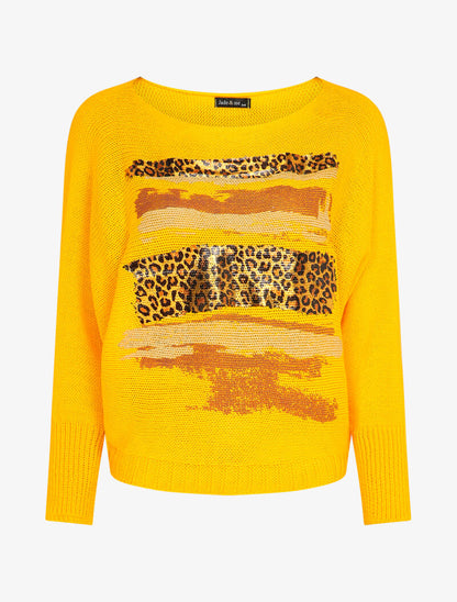 Pull à col bateau et motifs léopard lamés - Jaune - 4