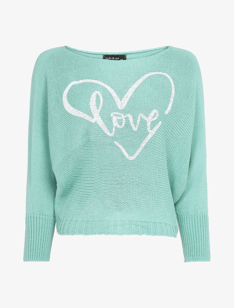 Pull chauve-souris à imprimé LOVE - Bleu turquoise - 1