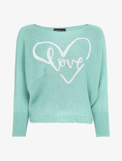Pull chauve-souris à imprimé LOVE - Bleu turquoise - 1