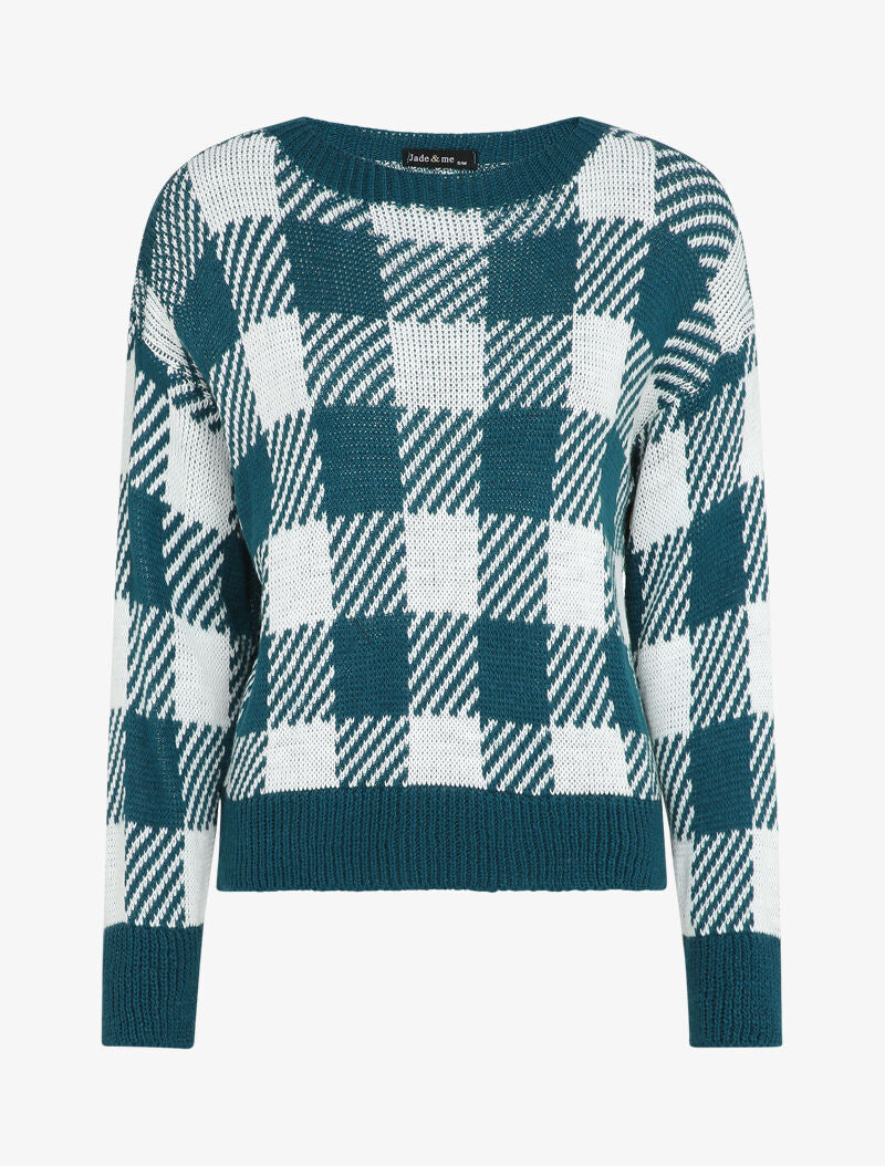 Pull à imprimé damier stylisé - Bleu canard - 1
