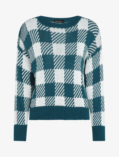 Pull à imprimé damier stylisé - Bleu canard - 1
