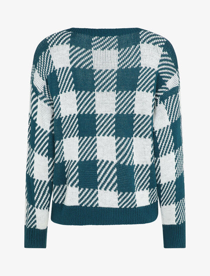 Pull à imprimé damier stylisé - Bleu canard - 2
