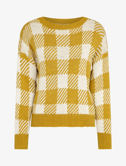 Pull à imprimé damier stylisé - Moutarde - 1