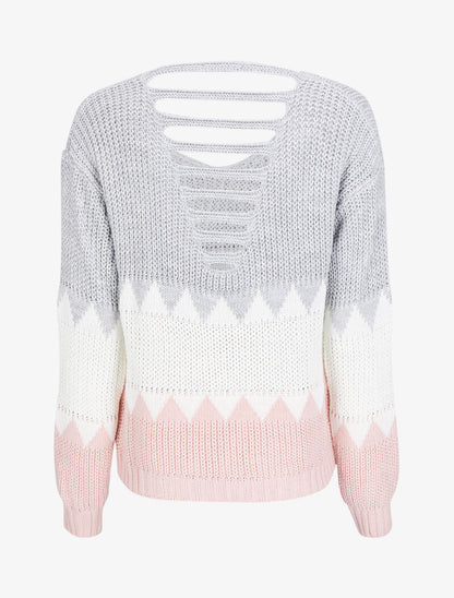 Pull à motifs géométriques et dos en V ajouré - Gris clair - 2