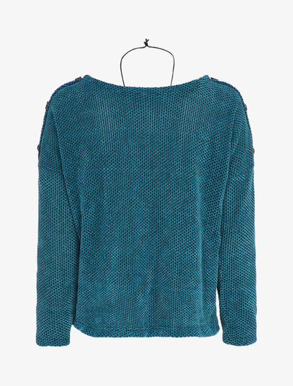 Pull oversize en maille à col bateau et boutons décoratifs - Bleu - 2